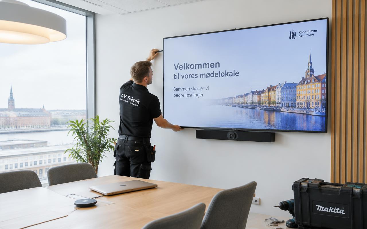 Tekniker installerer skærm i mødelokale