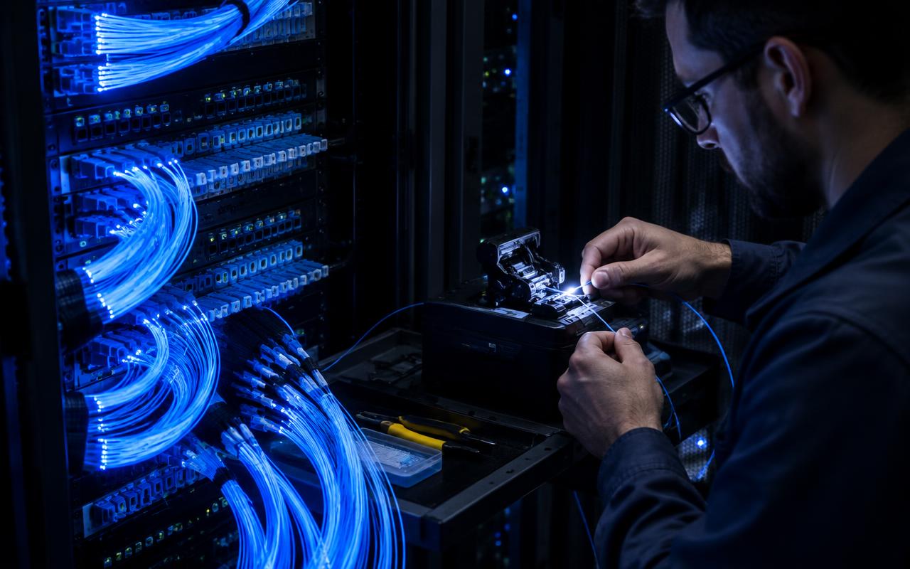 Tekniker splidser fiberkabler i et rackskab