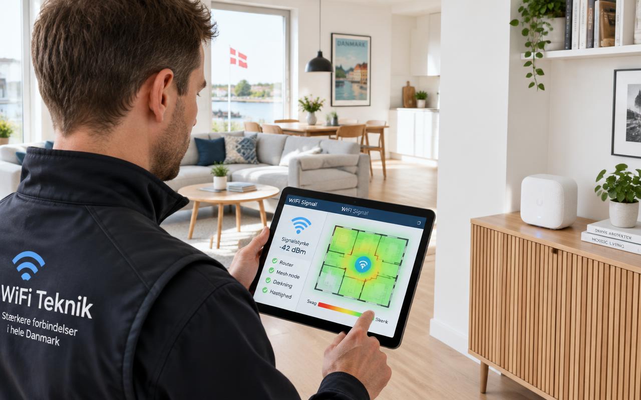 Tekniker måler WiFi-dækning i et hjem
