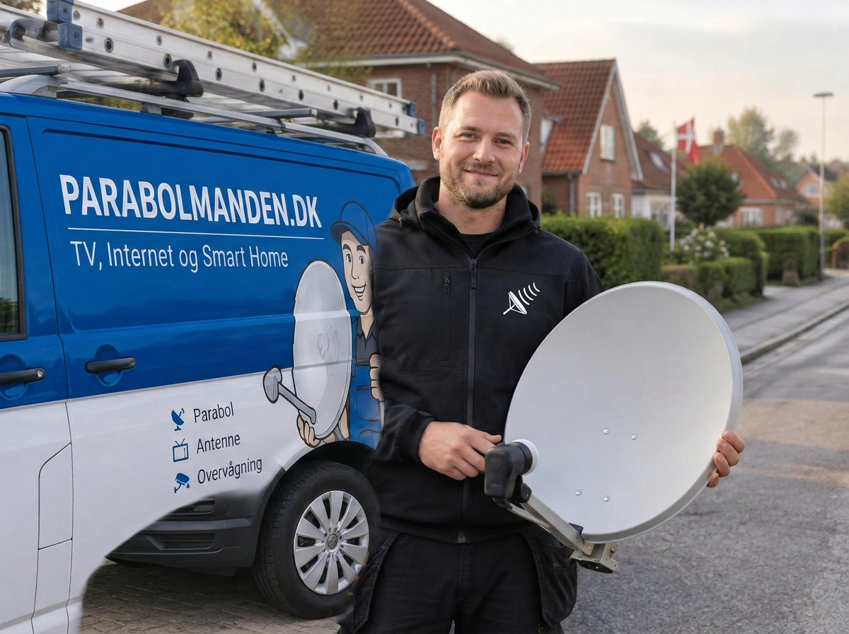 Parabolmanden foran sin servicevogn med en parabol i hånden
