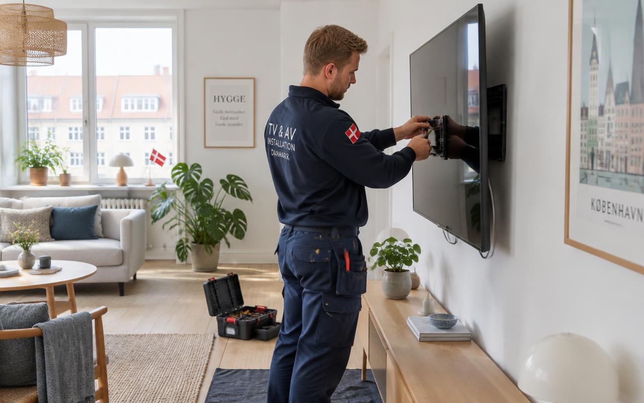 Tekniker monterer TV i en lys stue