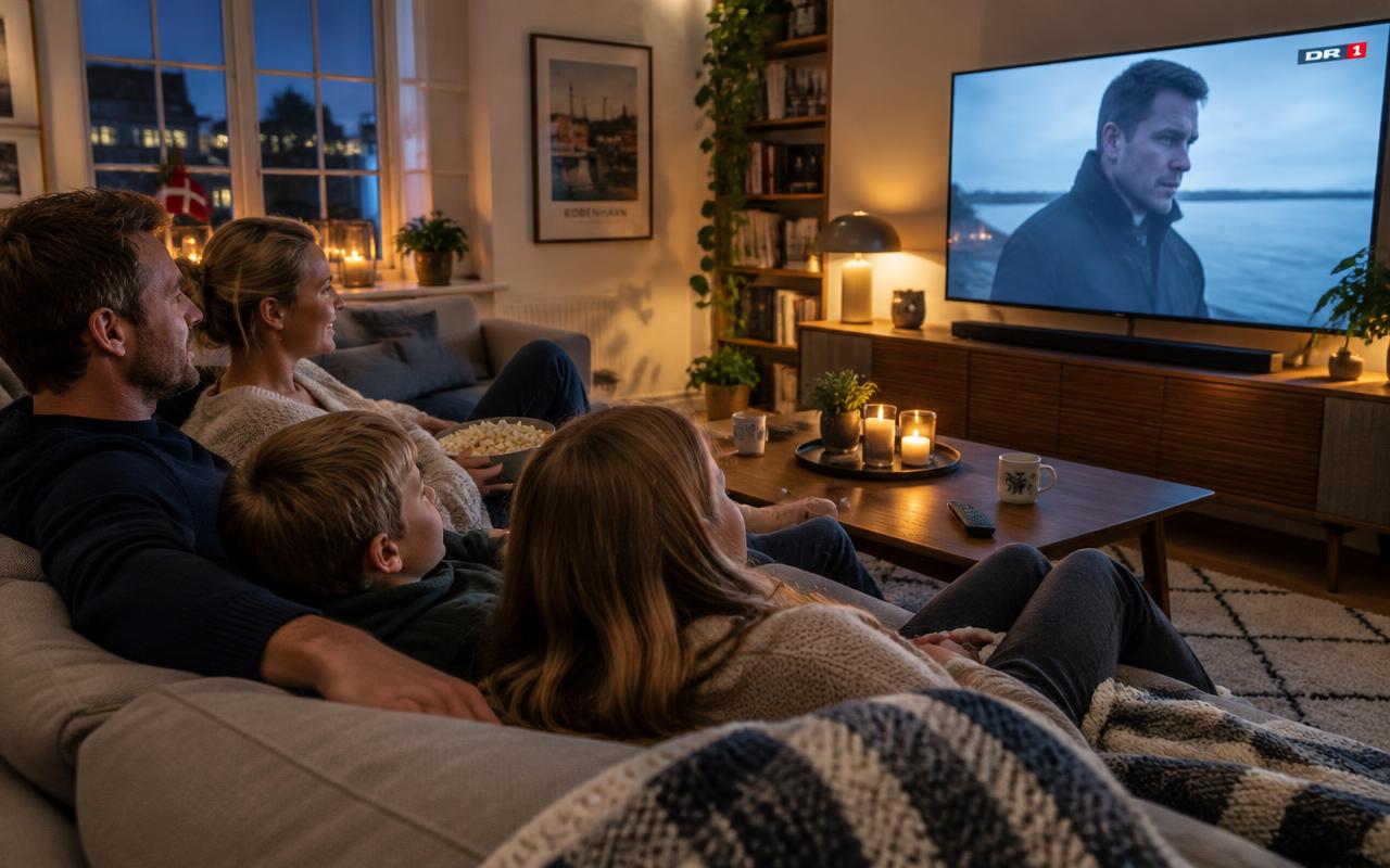 Familie ser TV sammen i stuen